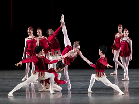 Diverse group of ballet dancers performing in red costumes on stage.