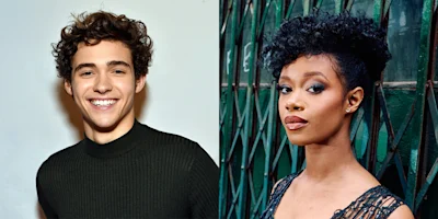 A young man with curly hair smiles in front of a plain background, next to a young woman with curly hair standing in front of a green metal gate.