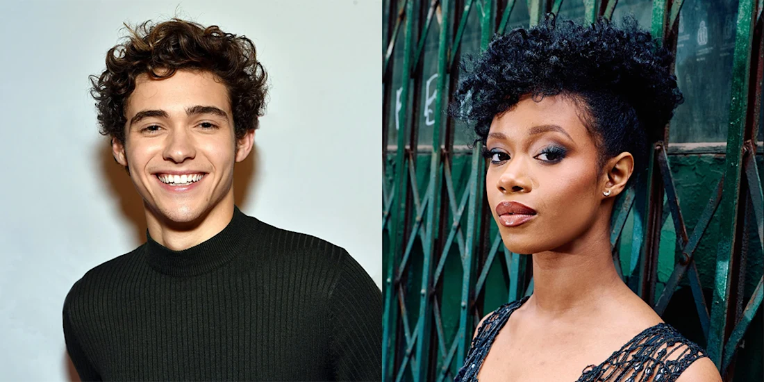 A young man with curly hair smiles in front of a plain background, next to a young woman with curly hair standing in front of a green metal gate.