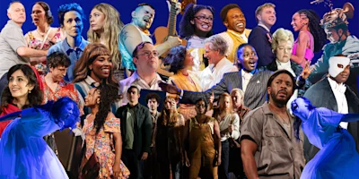 Collage of diverse actors performing in various Broadway musical scenes, dressed in colorful costumes against a blue background.