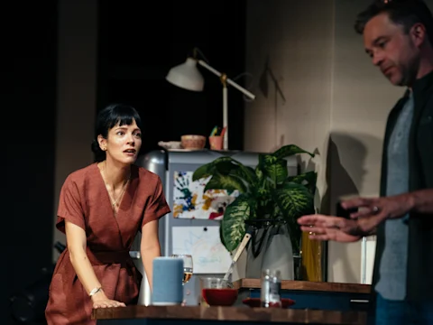 A woman in a rust-colored dress leans on a kitchen counter looking concerned, while a man stands nearby with his hands raised; household items and a plant are visible in the background.