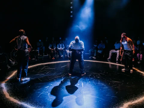 L-R: Sheaun McKinney, Alani iLongwe and Malcolm Mays in The Brothers Size at Geffen Playhouse. Directed by Bijan Sheibani. Photo by Jeff Lorch.