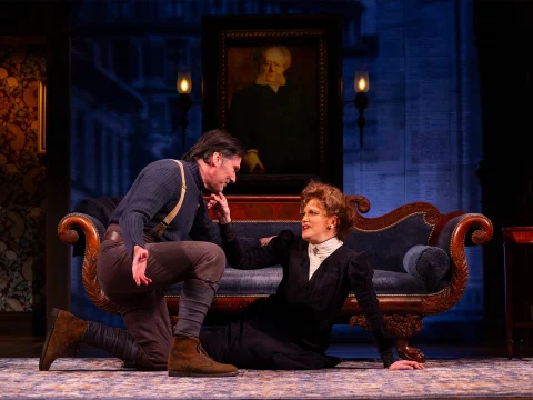Production shot of Ibsen's Ghost: An Irresponsible Biographical Fantasy in New York City, with Thomas Gibson as Wolf and Charles Busch as Suzannah Ibsen.