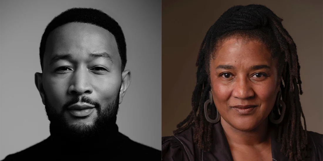 A split image of a man in a black turtleneck with a trimmed beard on the left, and a woman with long dark hair wearing earrings on the right.