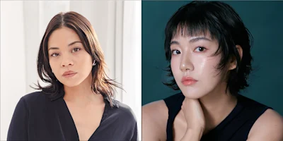 Two headshots of women with dark, shoulder-length hair posing against neutral backgrounds.
