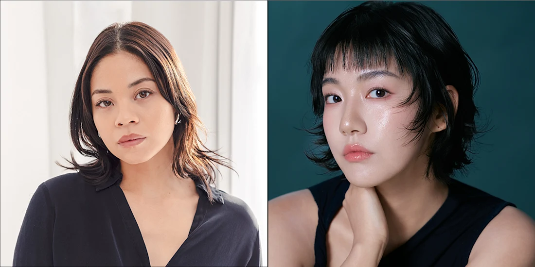 Two headshots of women with dark, shoulder-length hair posing against neutral backgrounds.