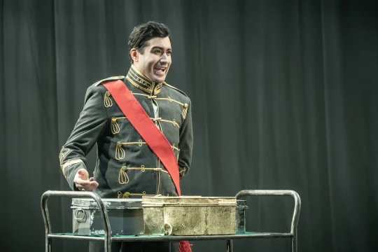 Production image of The Merchant of Venice in London, featuring Priyank Morjaria as Lorenzo.