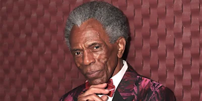 An older man with gray hair wearing a patterned burgundy suit and bow tie stands against a textured maroon wall, resting his chin on his hand.