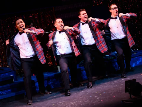 Production photo of Forever Plaid in San Francisco, with Justin P. Lopez, Edu Gonzalez-Maldonado, Kevin Singer and Matt Skinner.