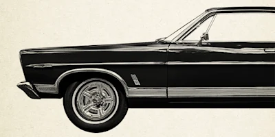 Black and white image of the front half of a classic car, shown from the side against a plain background.