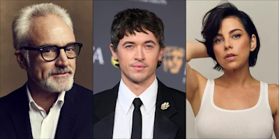 Three headshots: Bradley Whitford, Tom Blyth, and Krysta Rodriguez.