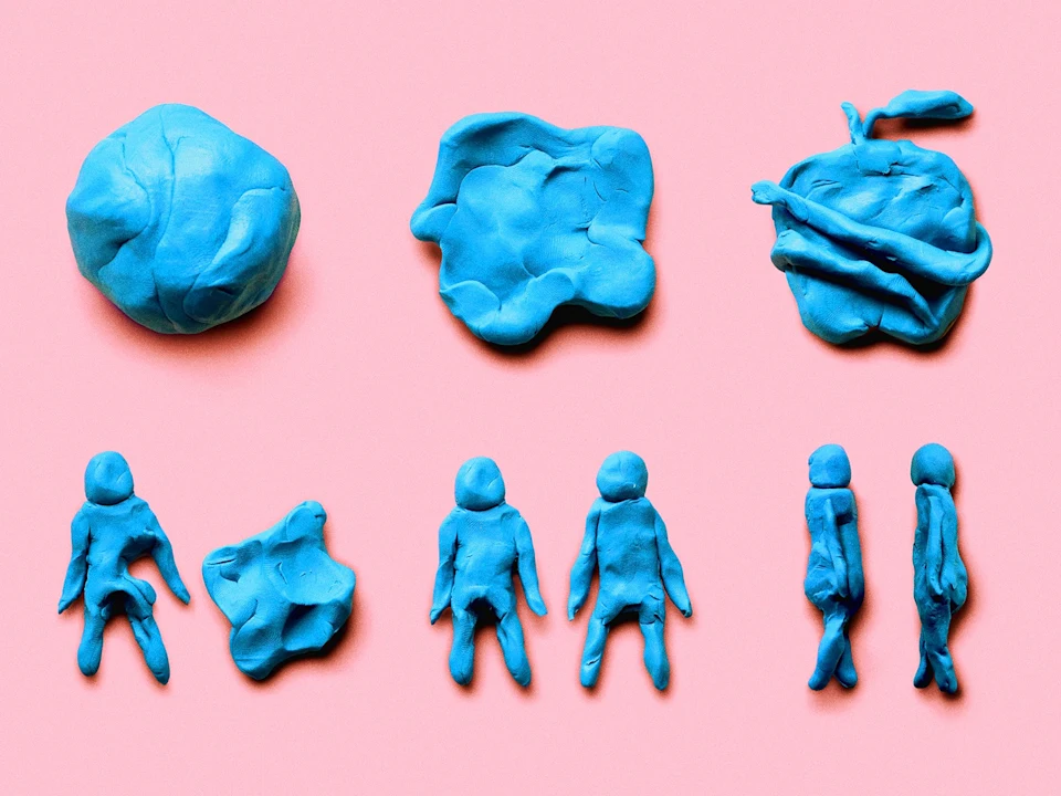 Six sections of blue clay on a pink background, each progressively molded into figures.