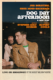 Two men sit at a cafe table, one in a brown leather jacket and the other in a patterned shirt and hat. Text promotes the play "Dog Day Afternoon" live on Broadway.