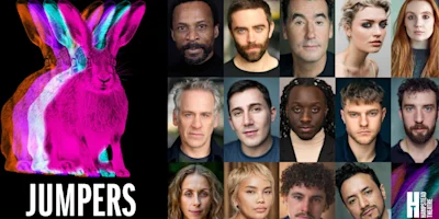 Promotional graphic for the play “Jumpers” at Hampstead Theatre, featuring a stylized neon rabbit and a grid of headshots of the cast.