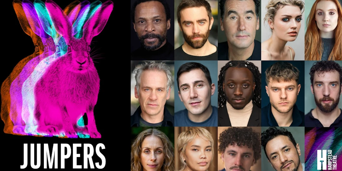Promotional graphic for the play “Jumpers” at Hampstead Theatre, featuring a stylized neon rabbit and a grid of headshots of the cast.