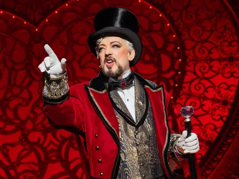 Production shot of Moulin Rouge in New York, with Boy George as Harold Zidler.