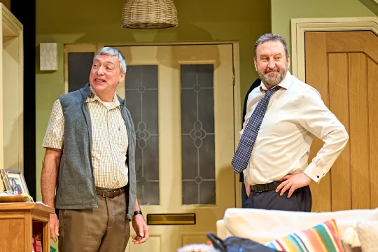 Production shot of The Unfriend in London, with Lee Mack as Peter and Nick Sampson as the Neighbor.