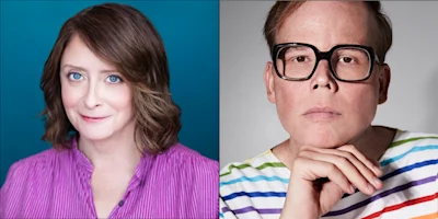 Two people are shown side by side; the left person has shoulder-length brown hair and wears a purple blouse, while the right person wears glasses and a striped shirt, with a neutral expression.