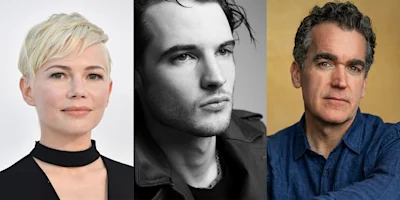 Three people are shown in separate portraits: a woman with short blonde hair, a man with short dark hair in black and white, and a man with short curly hair wearing a blue shirt.