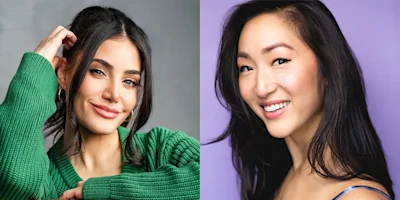 Two women are shown in separate portraits; the woman on the left wears a green sweater and smiles, while the woman on the right has long dark hair and smiles against a purple background.