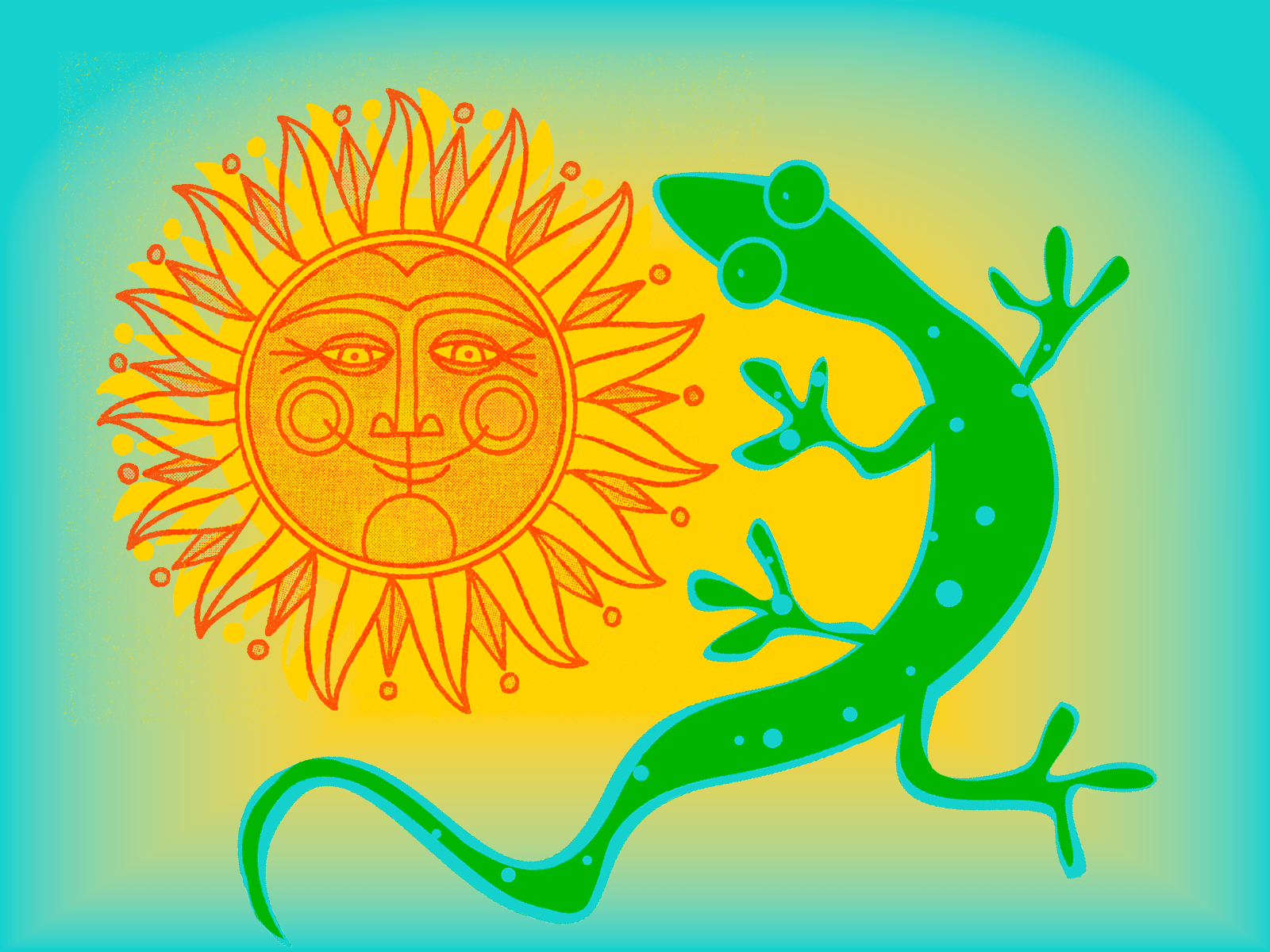 Illustration of a stylized sun with a face next to a green gecko on a yellow and teal gradient background.