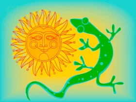 Illustration of a stylized sun with a face next to a green gecko on a yellow and teal gradient background.