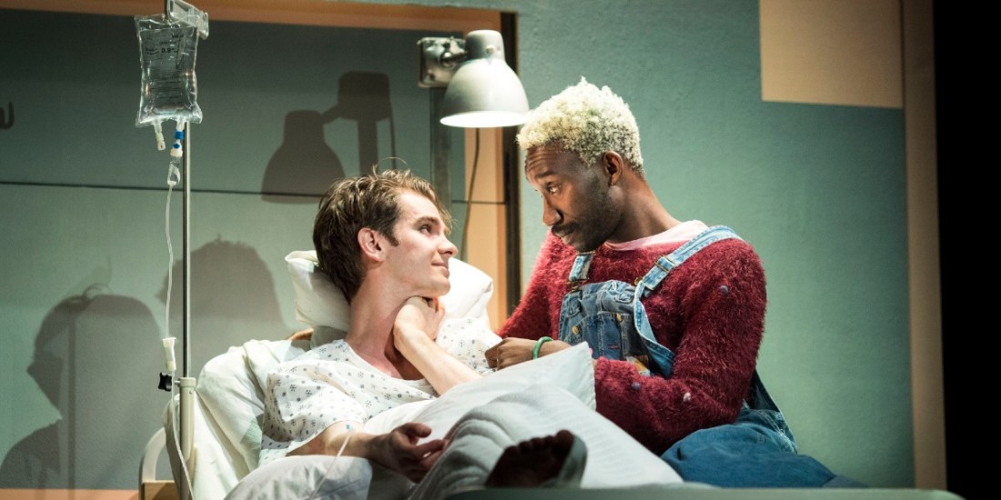 Photo credit: Andrew Garfield and Nathan Stewart- Jarrett in Angels in America (Photo by Helen Maybanks)