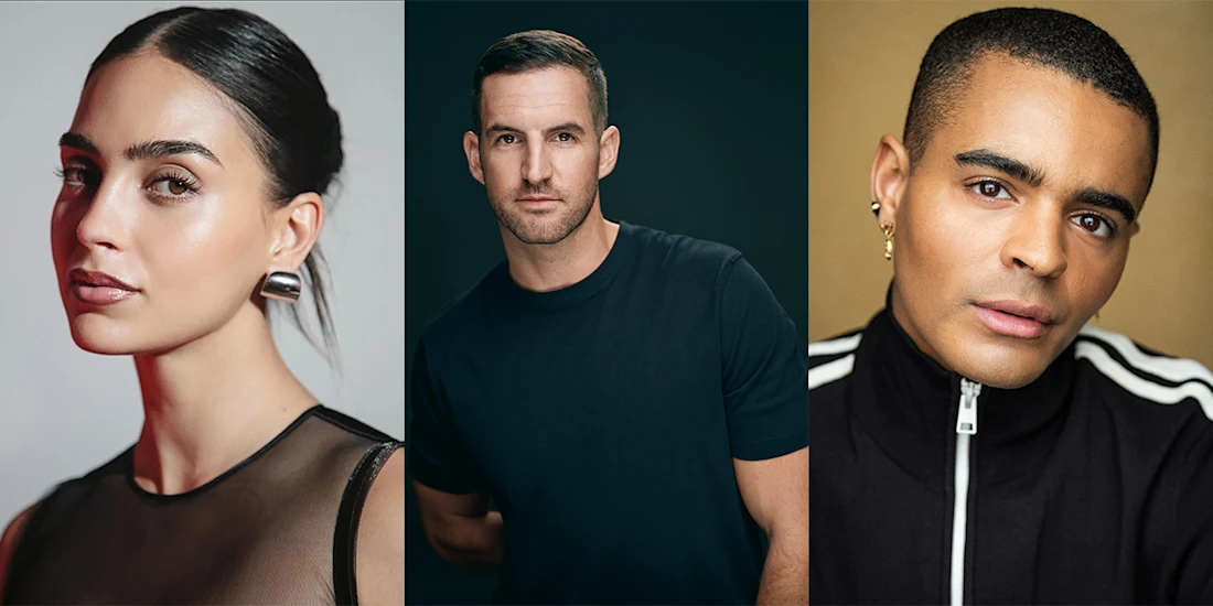 Three people are shown in separate portraits: a woman with slicked-back hair, a man in a black shirt, and another man with earrings wearing a black zip-up jacket with white stripes.