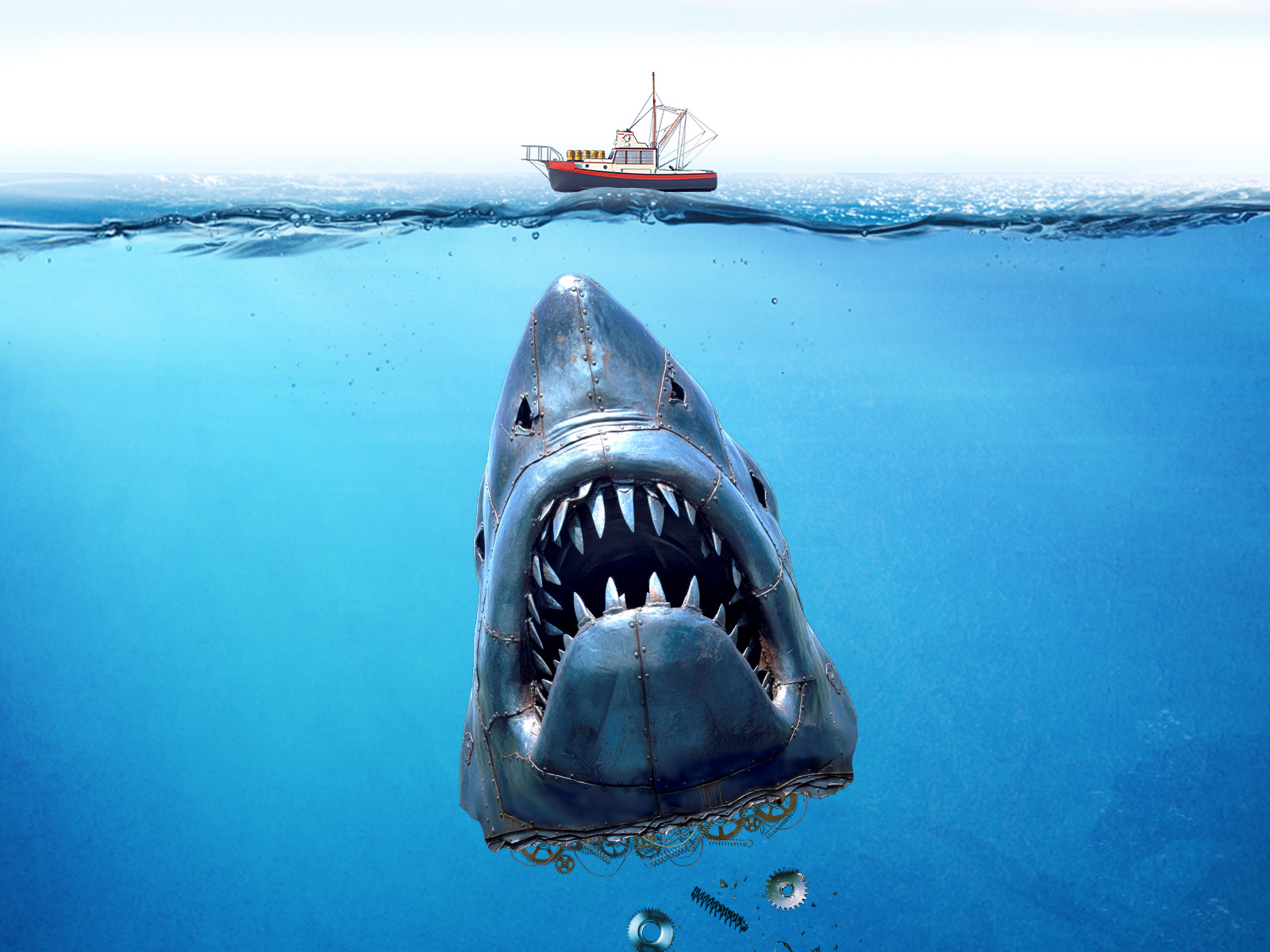 A large shark with its mouth wide open swims upward toward a small fishing boat on the water's surface.