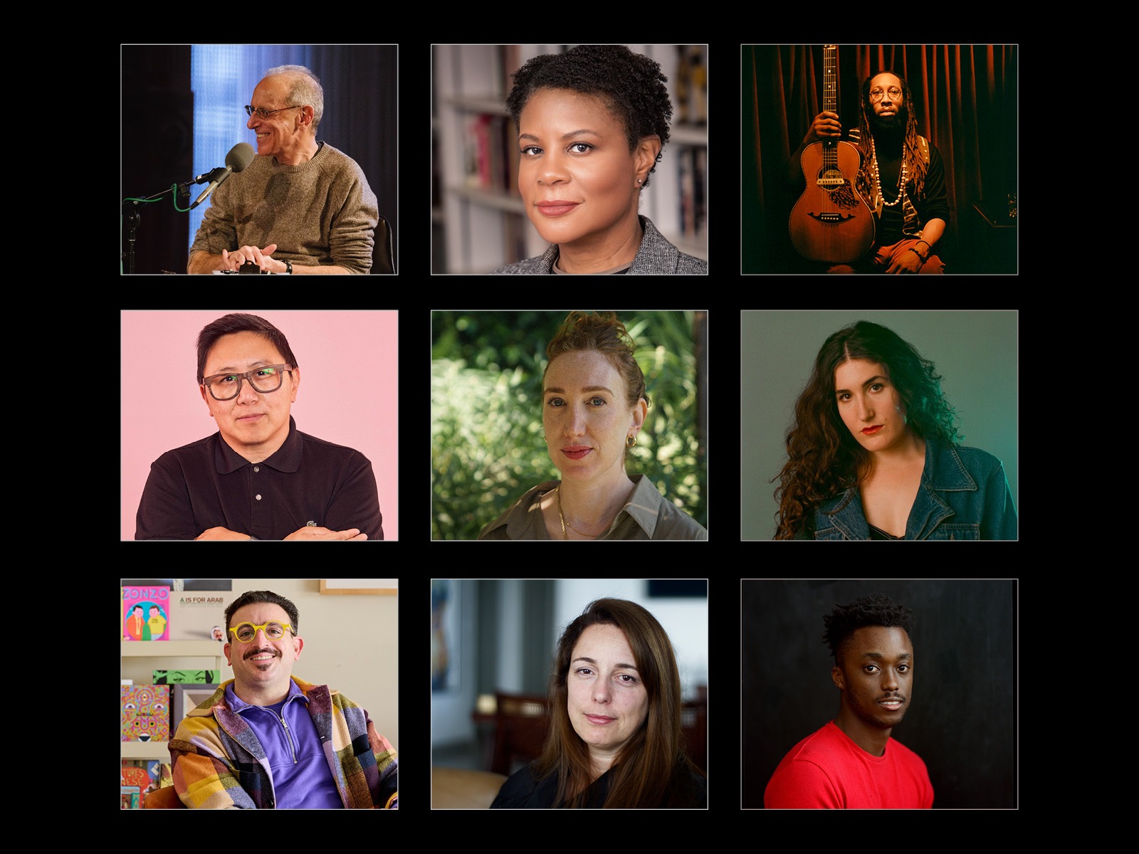 A grid of nine portraits shows individuals of diverse backgrounds, each facing the camera with various expressions and settings.