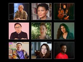 A grid of nine portraits shows individuals of diverse backgrounds, each facing the camera with various expressions and settings.