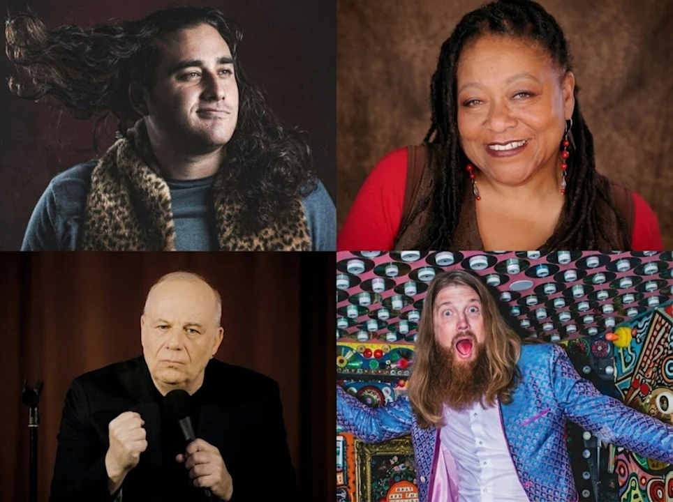 A collage of four people: a man with long hair in a leopard-print scarf, a woman with braids smiling, an older man with fists raised, and a bearded man in a colorful jacket.
