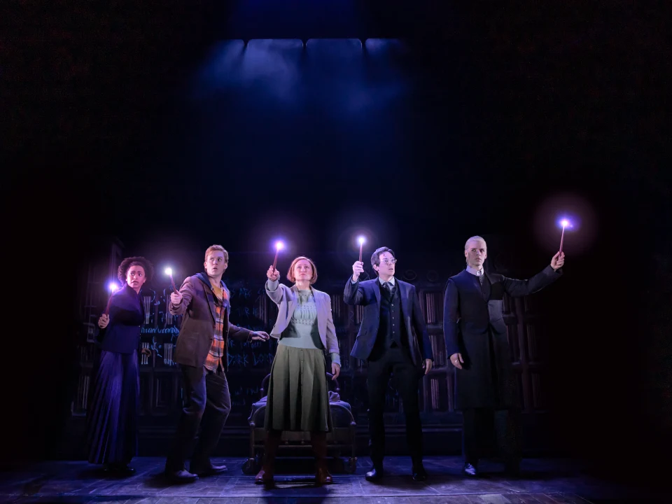 Production shot of Harry Potter and the Cursed Child in New York, with Daniel Fredrick as Ron Weasley, Cara Ricketts as Hermione Granger, Angela Reed as Ginny Potter, Steve Haggard as Harry Potter and Aaron Bartz as Draco Malfoy