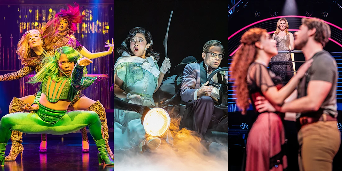 Three scenes from stage musicals: dancers in bright costumes, a couple acting in a car with dramatic lighting, and a pair embracing onstage with another figure in the background.