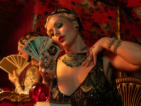 A person dressed in ornate clothing and accessories holds tarot cards and a red crystal ball, with a reflection in the background. The setting is decorated with red and golden tones.