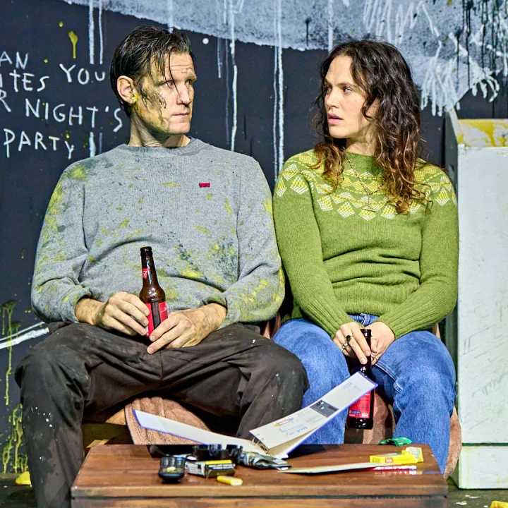 Production shot of An Enemy of the People in London, featuring Matt Smith and Jessica Brown Findlay.