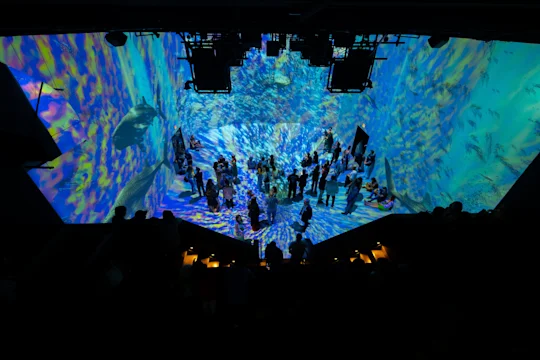 A group of people standing under blue and yellow water-themed projections in a dark room.