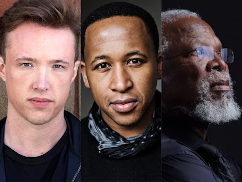 Three men of different ages and backgrounds shown in close-up portraits, each facing the camera or looking to the side against neutral backgrounds.