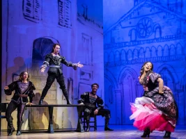Production shot of Kiss Me, Kate in London featuring Charlie Stemp and Georgina Onuorah