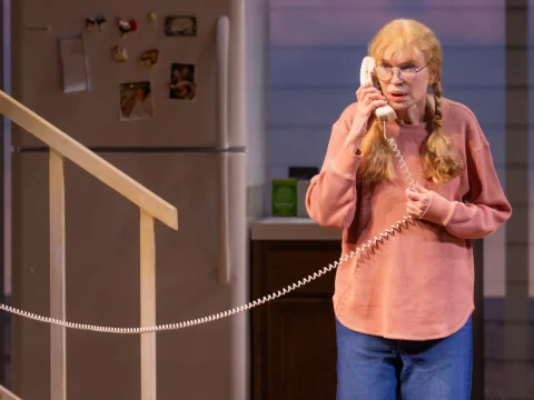 Production shot of The Roommate on Broadway in New York, with Mia Farrow as Sharon and Patti LuPone as Robyn.