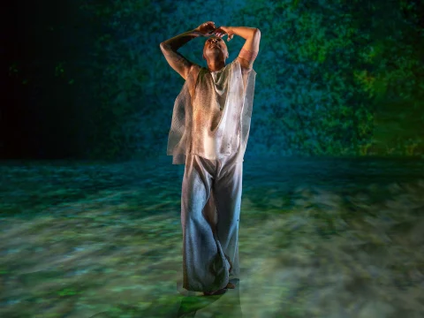 A person stands with arms raised overhead in a translucent sleeveless top and loose pants on a textured, green-blue background. The lighting creates a dramatic, ethereal effect.