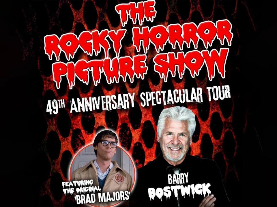 Promotional poster for "The Rocky Horror Picture Show 49th Anniversary Spectacular Tour" featuring Barry Bostwick and Brad Majors.