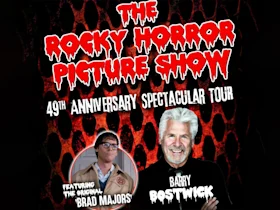 Promotional poster for "The Rocky Horror Picture Show 49th Anniversary Spectacular Tour" featuring Barry Bostwick and Brad Majors.