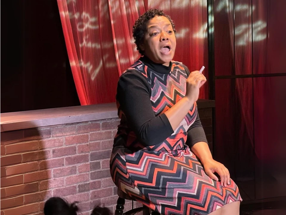 A person sits on a stool against a brick wall backdrop, gesturing with one hand and speaking. They are wearing a zigzag patterned dress, and red curtains are visible behind them.