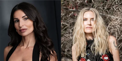 Side-by-side portraits of two women, one with long dark hair against a dark background, and one with long blonde hair standing outdoors in front of branches.