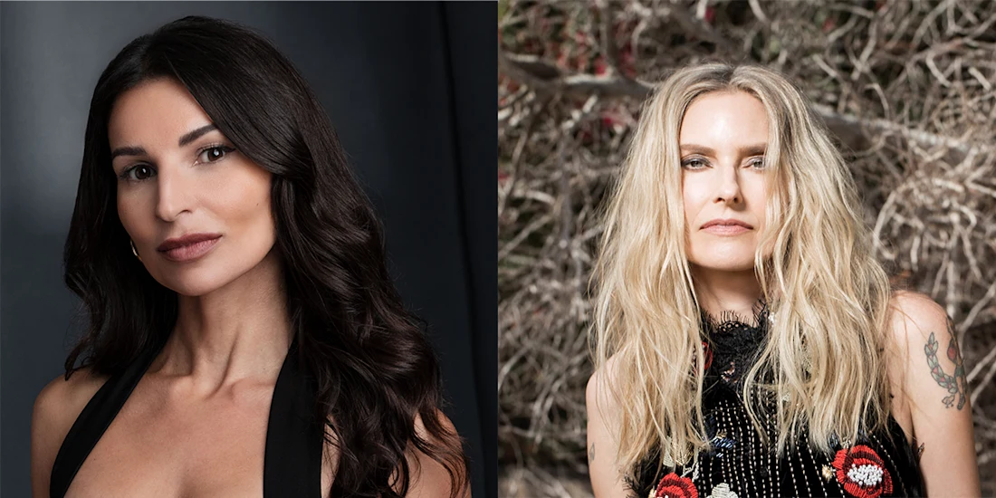 Side-by-side portraits of two women, one with long dark hair against a dark background, and one with long blonde hair standing outdoors in front of branches.