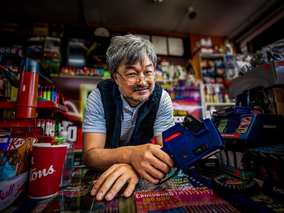 Production shot of Kim's Convenience in San Francisco, with Ins Choi as Mr. Kim.