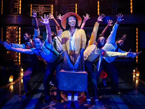 Jalisa Williams (Vy) and the cast of Play On! at Signature Theatre. Photo by Daniel Rader.