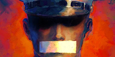 A stylized painting of a person in a uniform cap with eyes obscured and a white strip over their mouth, set against a vivid orange background.