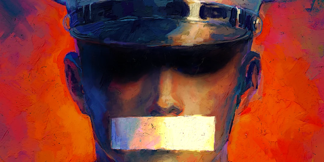 A stylized painting of a person in a uniform cap with eyes obscured and a white strip over their mouth, set against a vivid orange background.